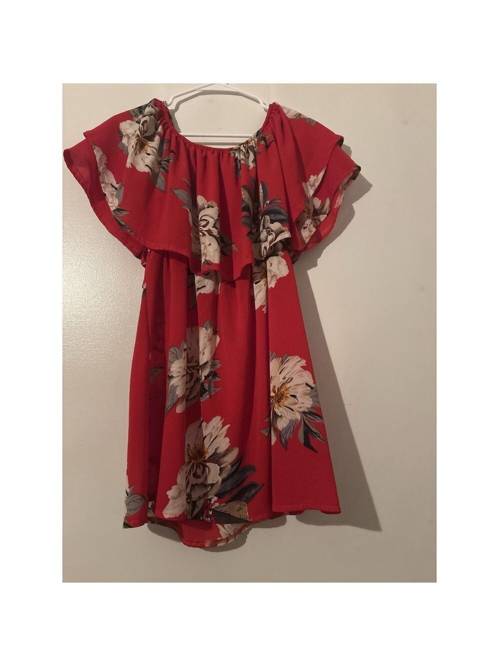 Boho Floral Off Shoulder Ruffle Mini Dress Red Cream Summer Bardot, Cottagecore,